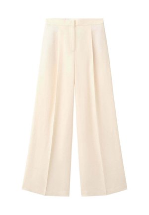 Pantalones crema de tiro alto y pierna ancha con pliegues frontales y cierre oculto de botón y cremallera.