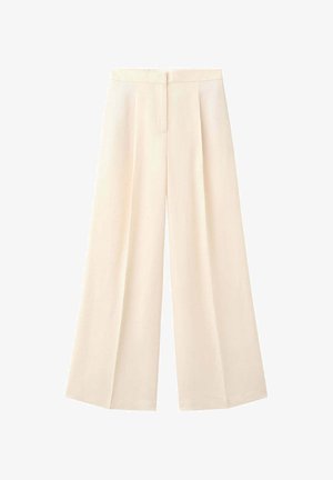 Pantalon crème taille haute à jambes larges avec plis devant et fermeture dissimulée par boutons et zip.