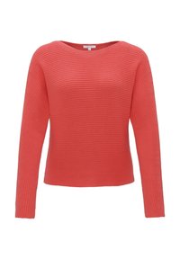 Koraliowy sweter dzianinowy z szerokim dekoltem, długimi rękawami, prostym krojem oraz teksturowanym wzorem w prążki na całej powierzchni.