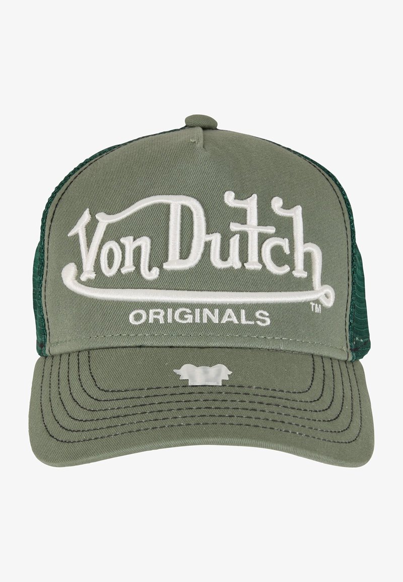 Zöld hálós trucker sapka strukturált elülső résszel. Fehér hímzett "Von Dutch" logóval és "ORIGINALS" felirattal rendelkezik. Hajlított napellenző, varrási díszítéssel.