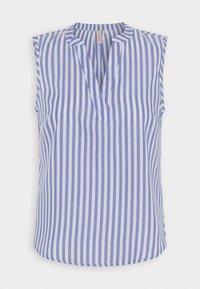 Blouse sans manches à rayures verticales bleu clair et blanche. Présente un col à revers et une coupe décontractée. Fabriquée en tissu léger.