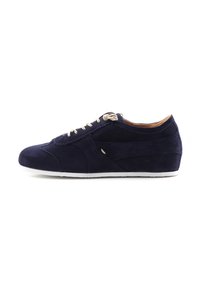 Navy suede athletic shoe with beige laces, low profile, rounded toe, and white rubber sole. Features stitched accents and minimal detailing.