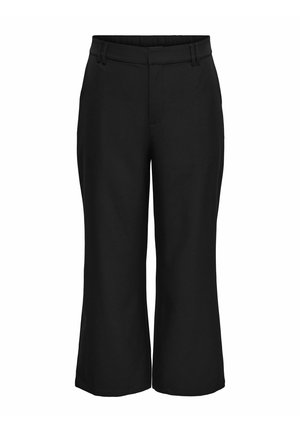 Čierne krátke nohavice so širokými nohavicami, opaskové slučky a predným zipsom, zobrazené na bielom pozadí.