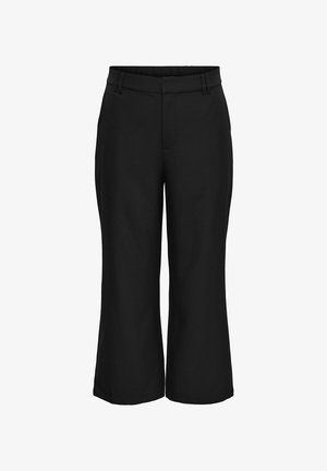 Černé zkrácené kalhoty s širokými nohavicemi s poutky na pásek a předním zapínáním na zip, zobrazené na bílém pozadí.