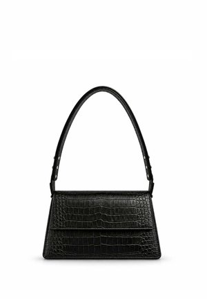 Black handbag with crocodile texture, rectangular shape, flap closure, and a curved handle attached with metal rivets.