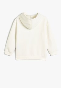 Sudadera blanca con capucha, de textura suave, que presenta un bolsillo tipo canguro y puños de canalé. Tejido liso con un diseño limpio.