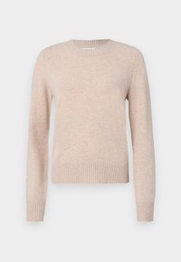 Jasbeżowy sweter wykonany z miękkiego materiału, z okrągłym dekoltem, długimi rękawami i ściągaczem na dole. Prosty, czysty design bez wzorów.