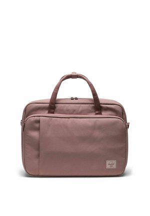 Sacoche d'ordinateur rectangulaire rose poussiéreux avec deux poignées, poche avant zippée et patch logo de la marque Herschel en bas à droite.