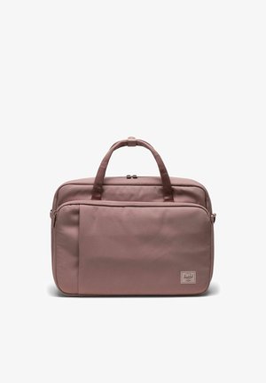 Sacoche d'ordinateur rectangulaire rose poussiéreux avec deux poignées, poche avant zippée et patch logo de la marque Herschel en bas à droite.