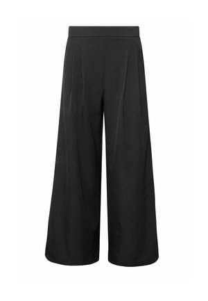 Pantalon noir taille haute, jambes larges et coupé court, avec des plis sur le devant et une ceinture ajustée, présenté sur fond blanc.