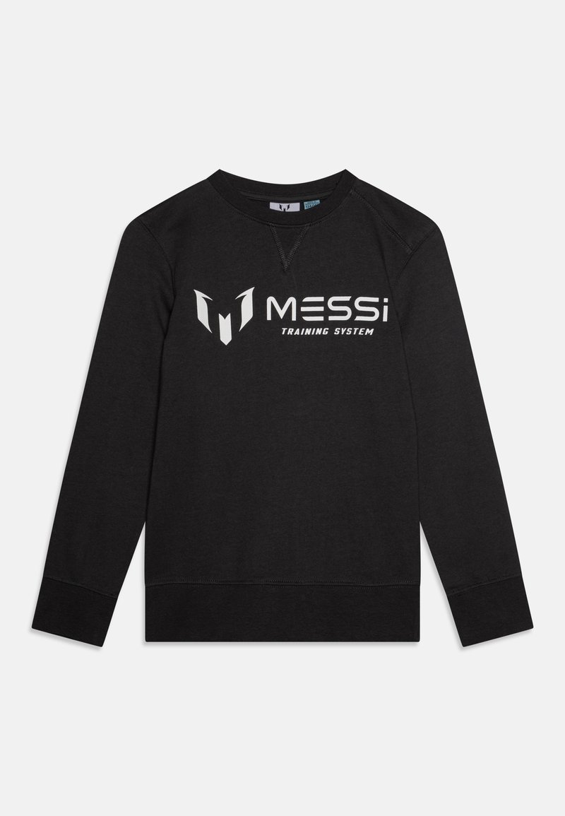 Felpa nera in morbido tessuto. Presenta un collo rotondo, maniche lunghe e il logo "MESSi TRAINING SYSTEM" in bianco bold.