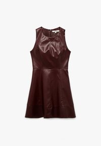 Burgundy vaate nahkavetimetön mekko, jossa on istuva yläosa ja liehuva hame. Varustettu takana vetoketjukiinnityksellä ja sileällä, kiiltävällä pinnalla.