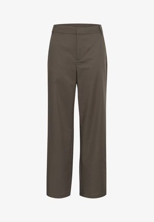 Brown straight-leg trousers made from smooth fabric with a mid-rise waistband and no visible hardware or patterns.