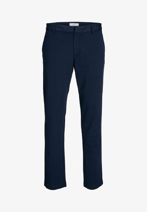 Pantaloni in cotone blu navy con design a gamba dritta, caratterizzati da una parte frontale piatta, passanti per cintura e senza tasche o decorazioni visibili.