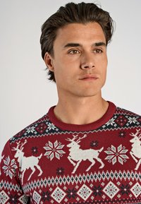 Roter gestrickter Pullover mit einem winterlichen Design, das Rentier und Schneeflocken in Creme und Schwarz zeigt, runder Halsausschnitt und gemusterte Akzente.