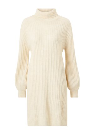 Cremefarbenes Strickkleid mit gerippter Textur, hochgeschlossenem Rollkragen und Ballonärmeln, das oberhalb des Knies endet.