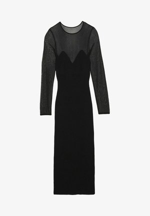 Rochie neagră cu mâneci lungi din plasă transparentă, textură ribbed ajustată și decolteu tip sweetheart. Siluetă ajustată, până la genunchi.