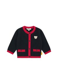 Cardigan nero per bambini con rifiniture rosse, bottoni neri, due tasche frontali e un piccolo patch di un orsetto beige sul petto.