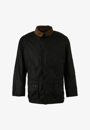 Zwarte jas met een bruine ribfluwelen kraag, knoopsluiting en twee Franse zakken. Het materiaal lijkt glad en heeft een licht glanzende uitstraling.