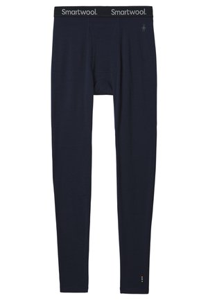 Ropa interior larga de merino azul marino con cinturilla elástica que presenta el logo de "Smartwool". Diseño estilizado, textura suave y forma ajustada.