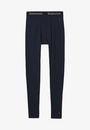 Marineblå merinoulds lang underbukse med elastisk talje, der har "Smartwool" logo. Strømlinet design, blød tekstur og tætsiddende form.