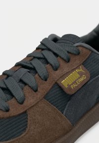Gros plan d'une basket Puma Palermo marron et gris foncé avec tissu texturé, suède marron et logo Puma doré sur le côté près des lacets gris foncé.