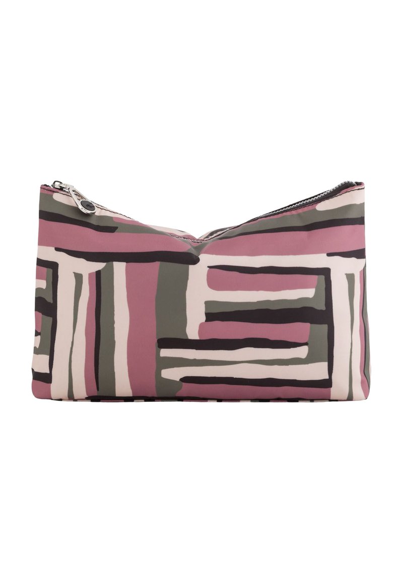 Clutch taske med geometrisk mønster i nuancer af pink, grå og sort. Blødt stof, lynlåslukning og skrå topform. Glat tekstur.