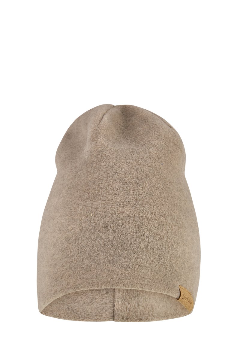 Beige fleece beanie hat with a rounded top and subtle seam detailing. Features a small leather tag on the side. Soft texture.