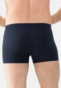 Mandens nedre ryg og øverste ben iført ensfarvet mørkeblå boxershorts mod en neutral baggrund.