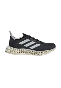 Black athletic shoe with white stripes, a textured upper, and a distinctive lattice-style outsole for enhanced cushioning and support.