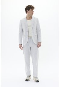 Ljust grå randig kostym med en skräddarsydd blazer och matchande byxor. Tygkvaliteten är slät. Kombineras med en vit skjorta och sneakers.