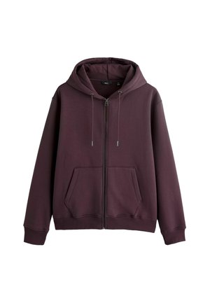 Dunkellila Kapuzenjacke mit Reißverschluss, Vordertaschen und Kordelzugkapuze, vor weißem Hintergrund dargestellt.