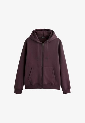 Dunkellila Kapuzenjacke mit Reißverschluss, Vordertaschen und Kordelzugkapuze, vor weißem Hintergrund dargestellt.