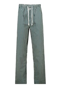 Pantalons vert et blanc à rayures verticales avec une taille élastique et un cordon blanc, coupe droite, étiquetés "America Today."