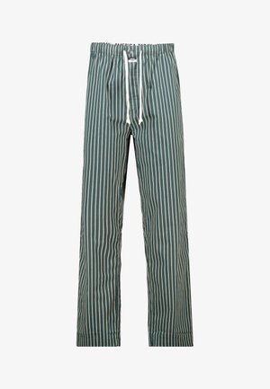 Groene en witte verticaal gestreepte broek met elastische tailleband en witte koord, met rechte pijp, gelabeld 'America Today.'