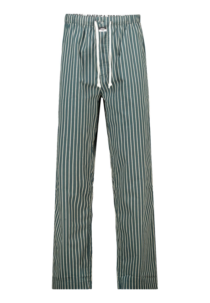 Pantalons vert et blanc à rayures verticales avec une taille élastique et un cordon blanc, coupe droite, étiquetés "America Today."