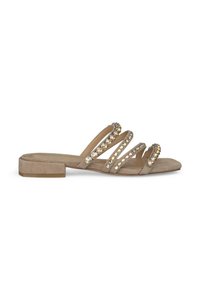 Beige suède sandalen met drie decoratieve banden voorzien van heldere en gouden strass. Plat hak en open teen design.
