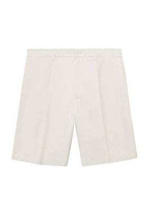 Beige op maat gemaakte shorts, gemaakt van lichtgewicht stof. Kenmerken zijn een knoopsluiting, twee voorzakken en een recht model. Hete zachte textuur.