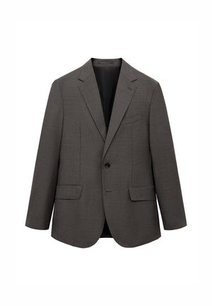 Grau blazer aus strukturiertem Stoff, mit Reverskragen, zwei frontalen Taschen, einem Ein-Knopf-Verschluss und einem geschlitzen Rücken.