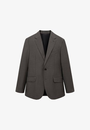 Giacca grigia in tessuto strutturato, con rever a notched, due tasche frontali, chiusura a un bottone e schiena svasata.