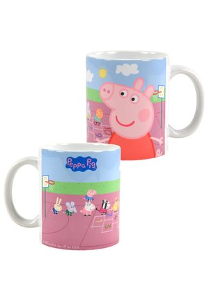 Ceramic mug featuring Peppa Pig and friends in vibrant colors. Design includes playful illustrations, clouds, sun, and a basketball hoop.