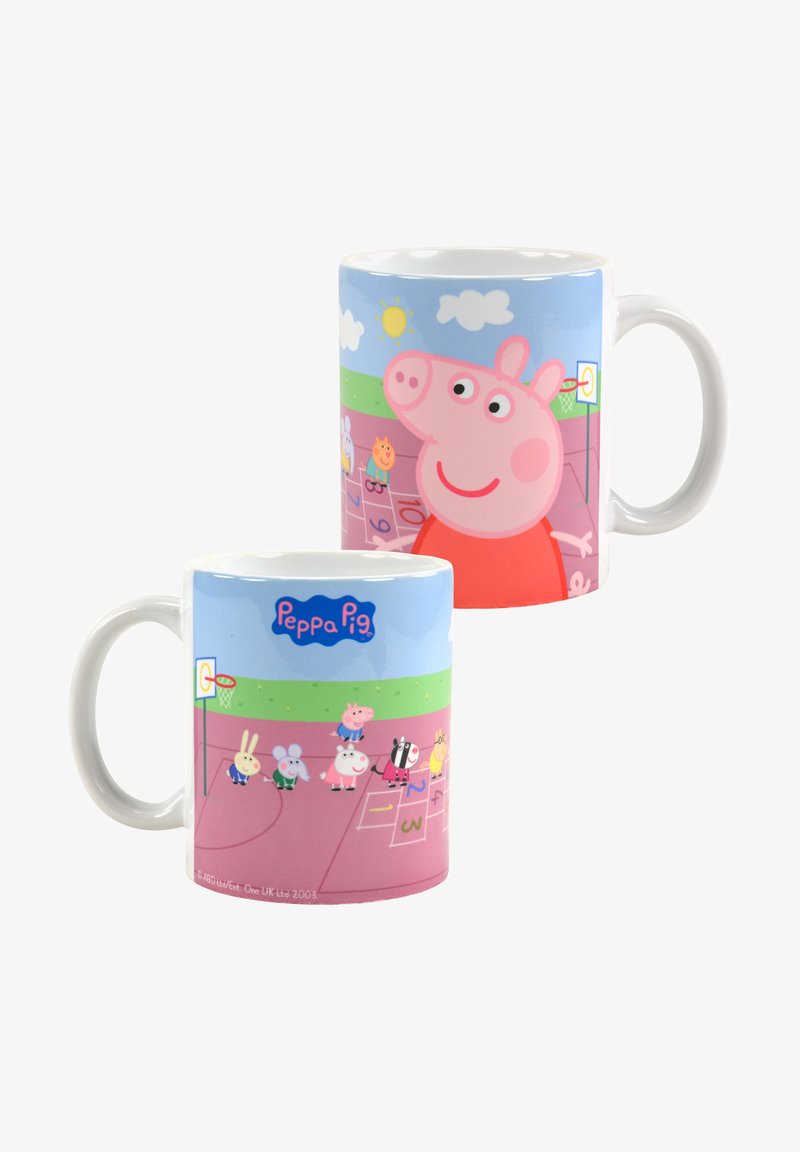 Ceramic mug featuring Peppa Pig and friends in vibrant colors. Design includes playful illustrations, clouds, sun, and a basketball hoop.