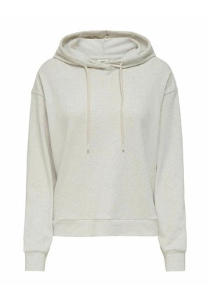 Hele beež kapuutsiga sweatshirt pikkade varrukatega, ees tõmblukud, soonikküljed ja alumine osa, esitatud valge tausta ees.