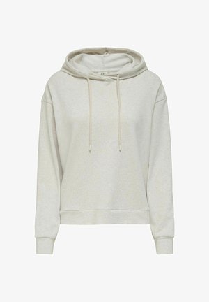 Sweatshirt à capuche beige clair avec des manches longues, des cordons de serrage sur le devant, des poignets et un ourlet côtelés, présenté sur un fond blanc.