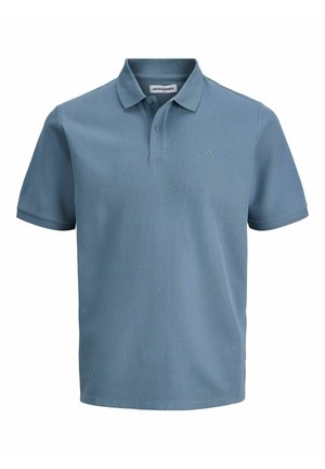 Polo blu a maniche corte in tessuto strutturato, con abbottonatura a due bottoni e piccolo logo ricamato sul petto.