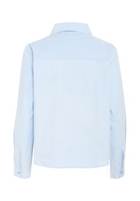 Camicia azzurro chiaro a maniche lunghe con colletto classico, texture liscia e polsini abbottonati. Design semplice senza motivi o accenti.