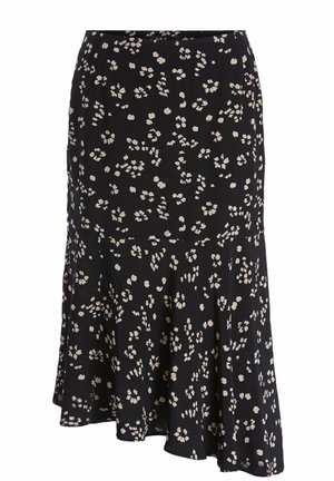 Jupe noire avec un design évasé, présentant un motif floral crème sur l'ensemble. Fabriquée en tissu lisse avec un tombé léger.