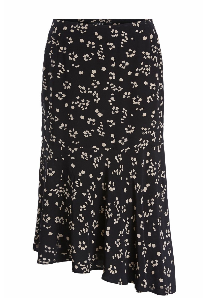 Jupe noire avec un design évasé, présentant un motif floral crème sur l'ensemble. Fabriquée en tissu lisse avec un tombé léger.