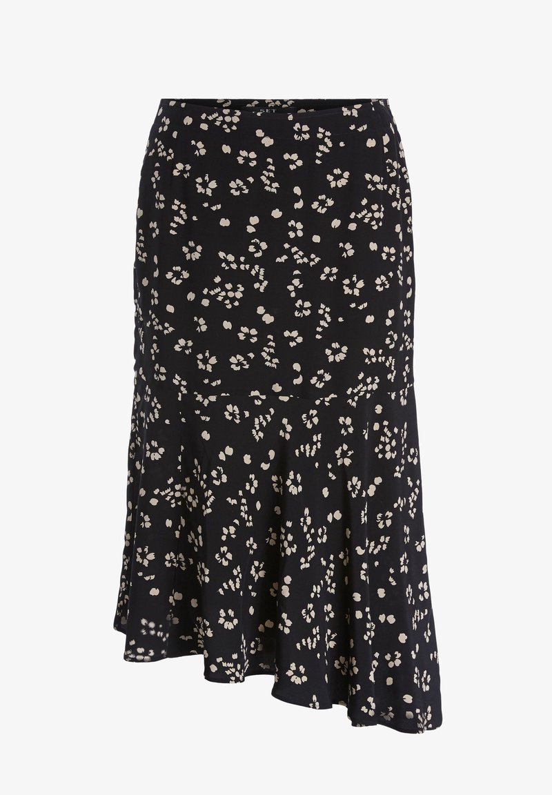 Mustat hameet, joissa on levenevä muotoilu ja kreemivärinen kukkakuosi kauttaaltaan. Valmistettu sileästä kankaasta, joka laskeutuu kauniisti.