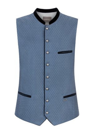 Blau gemusterte ärmellose Weste mit schwarzem Besatz, Stehkragen, silbernen Knöpfen und drei Taschen mit schwarzem Besatz.